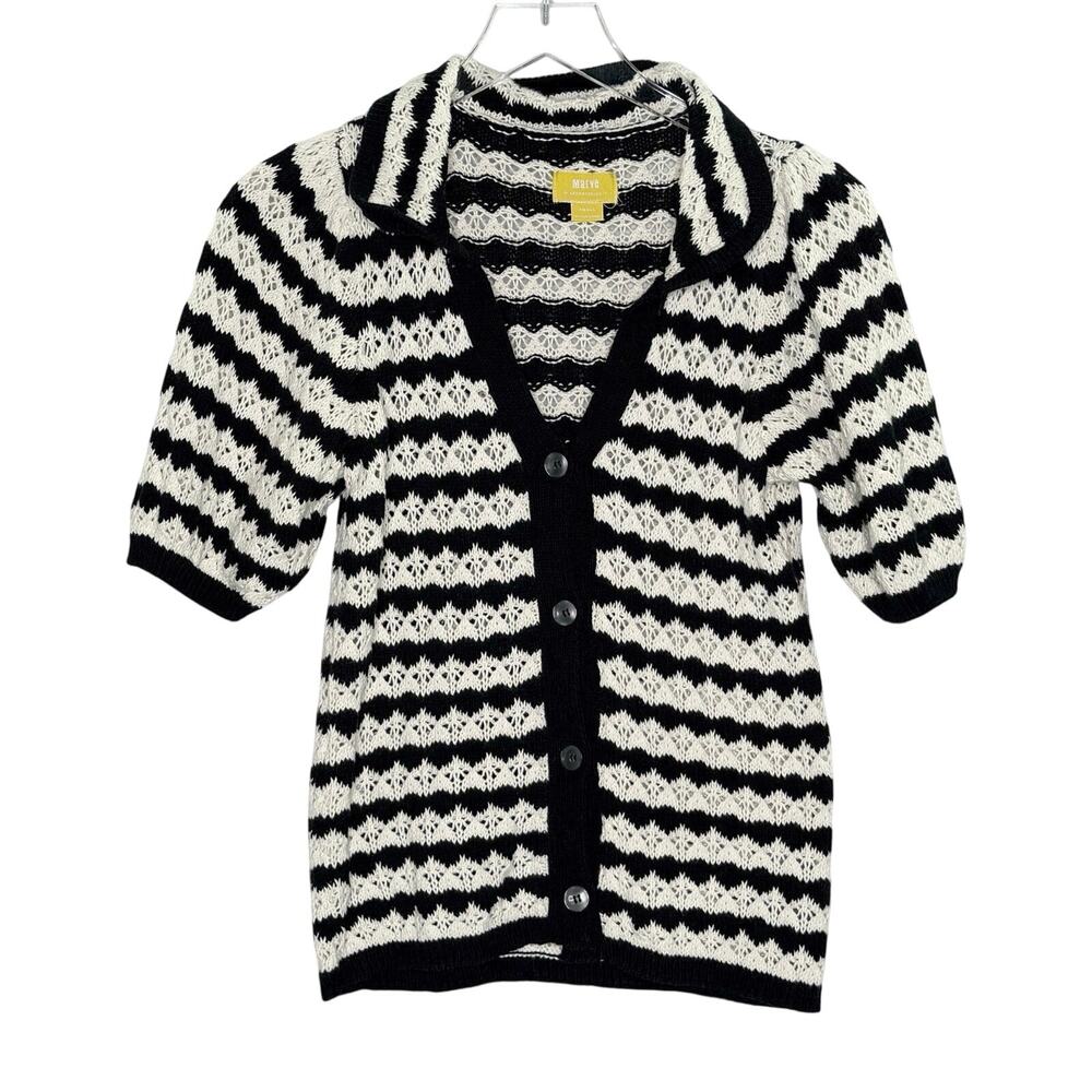 Anthropologie Maeve Short Sleeve Polo Cardigan Sweater S Cream Black Knit Preppy